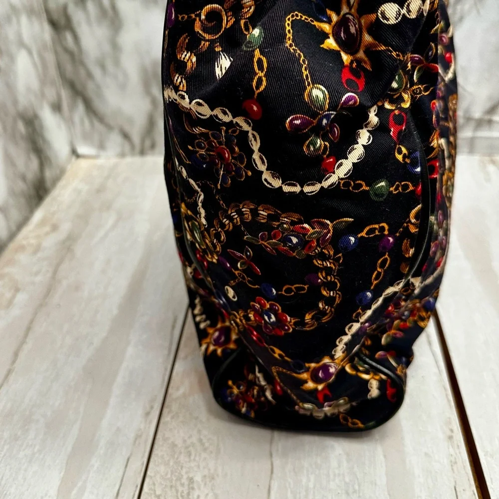 Monet Black Gold Chain Pattern Tote Bag Vintage 80s Jewelry Print Large Cloth